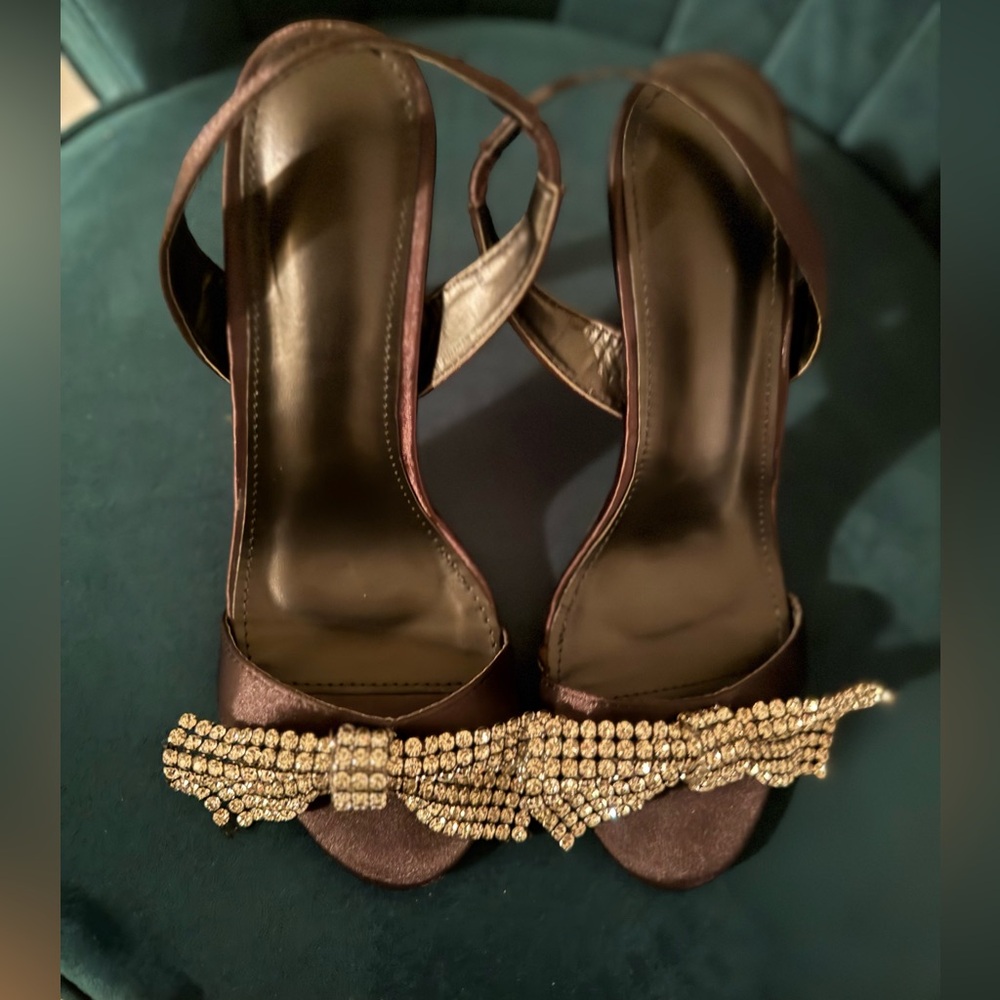 Black Rhinestone & Bow Decor Stiletto Slingback Sandals
